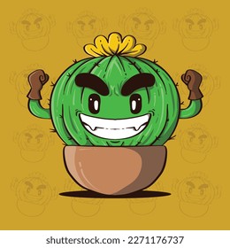 Cute Mascot Cartoon Illustration of Cactus Plant with Strong Hand Gesture. Cute Cactus. Cute Cactus plant illustration.