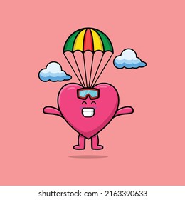 Cute mascot cartoon Lovely heart is skydiving with parachute and happy gesture cute modern style
