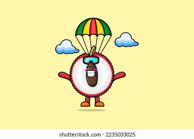 Cute mascot cartoon Lychee is skydiving with parachute and happy gesture illustration