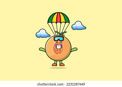 Cute mascot cartoon Melon is skydiving with parachute and happy gesture illustration