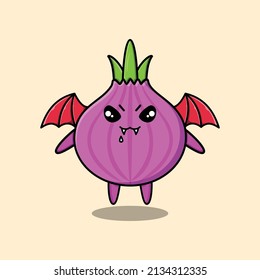 Cute mascot cartoon Onion character as dracula with wings