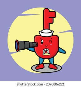 Cute mascot cartoon Padlock key sailor with hat and using binocular cute modern style design for t-shirt, sticker, logo element