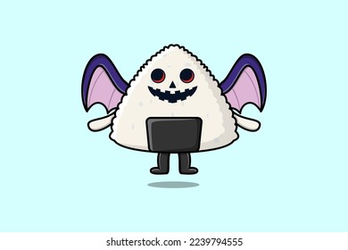 Cute mascot cartoon Rice japanese sushi character Scary bats pumpkin halloween illustration