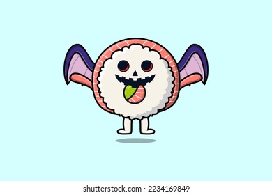 Cute mascot cartoon Rice sushi rolls sashimi character Scary bats illustration