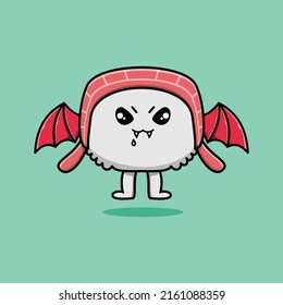 Cute mascot cartoon Sushi character as dracula with wings in cute modern style
