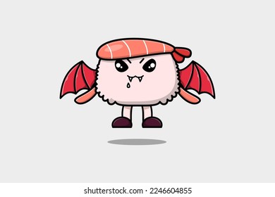 Cute mascot cartoon Sushi shrimp character as dracula with wings in cute modern style