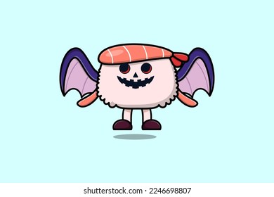 Cute mascot cartoon Sushi shrimp character Scary bats pumpkin halloween illustration