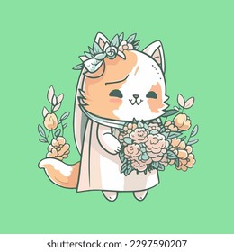 Cute mascot for a cat wearing a wedding dress for a wedding, carrying beautiful flowers. Flat cartoon design. Suitable for card design, books, invitations, weddings