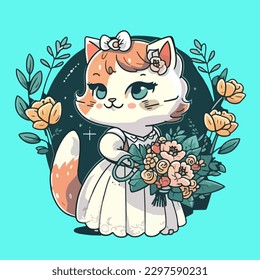 Cute mascot for a cat wearing a wedding dress for a wedding, carrying beautiful flowers. Flat cartoon design. Suitable for card design, books, invitations, weddings