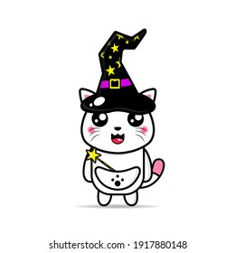 cute mascot cat wearing a witch hat and carrying a magic wand kawaii