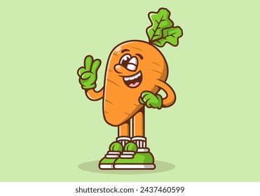 Cute mascot character illustration of a carrot with hand forming peace symbol