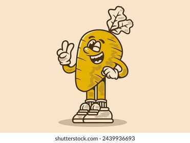 Cute mascot character illustration of a carrot with hand forming peace symbol