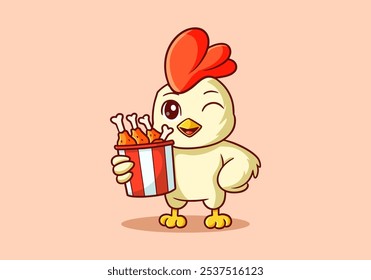 Cute mascot character illustration of chicken or rooster holding a cup of fried chicken