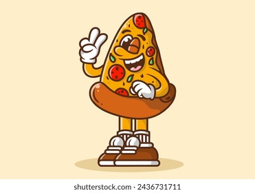 Cute mascot character illustration of a pizza with hand forming peace symbol