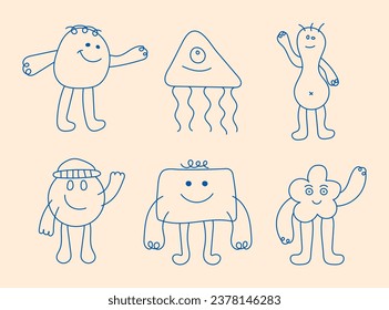 Cute mascot character set. Children hand drawing style of geometric character. Happy object in line style. A set of collections of various emotions and motions. Vector illustration