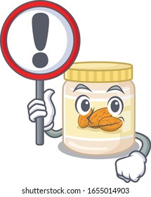 cute mascot character style of almond butter raised up a sign