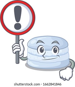 cute mascot character style of blueberry macaron raised up a sign