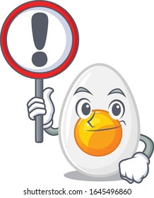 cute mascot character style of boiled egg raised up a sign