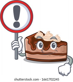 cute mascot character style of chocolate cheesecake raised up a sign