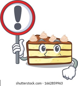 cute mascot character style of chocolate slice cake raised up a sign