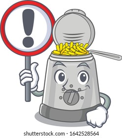 cute mascot character style of deep fryer raised up a sign