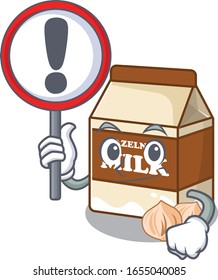 süßer Maskottstil aus Haselnussmilch hob ein Schild auf