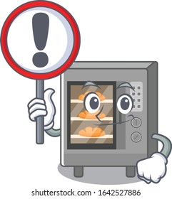 cute mascot character style of oven cake raised up a sign