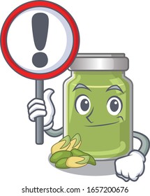 cute mascot character style of pistachio butter raised up a sign