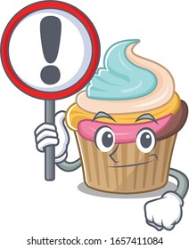 cute mascot character style of rainbow cupcake raised up a sign