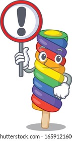 cute mascot character style of rainbow ice cream raised up a sign