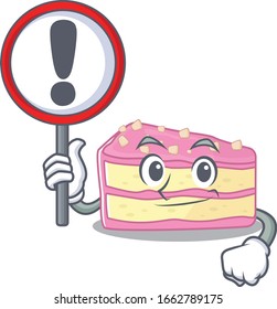 cute mascot character style of strawberry slice cake raised up a sign