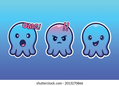 cute mascot character three octopus emoticon sticker with surprised and angry smile expression vector illustration .three cute and packed emoticons.