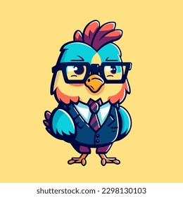 Cute mascot for a chicken wearing a uniform like a office worker and businessman, complete with a suit and tie, in a flat cartoon design. Suitable for advertising, presentations, books, and cards