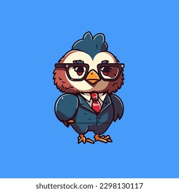 Cute mascot for a chicken wearing a uniform like a office worker and businessman, complete with a suit and tie, in a flat cartoon design. Suitable for advertising, presentations, books, and cards