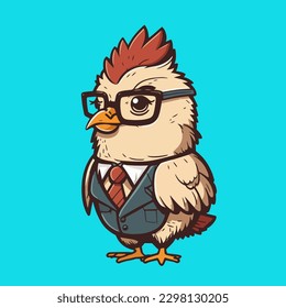 Cute mascot for a chicken wearing a uniform like a office worker and businessman, complete with a suit and tie, in a flat cartoon design. Suitable for advertising, presentations, books, and cards