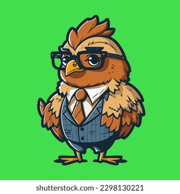 Cute mascot for a chicken wearing a uniform like a office worker and businessman, complete with a suit and tie, in a flat cartoon design. Suitable for advertising, presentations, books, and cards