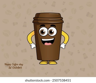Cute mascot of Coffee cup pure brown vector illustration, happy groovy cartoon character, Coffee paper cup modern funny mascot with smile and emotion, best design art for cafe, bar, restaurant.