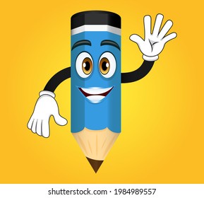 Cute mascot colorful pencil character standing with cheerful expression and waving posing with beautiful background