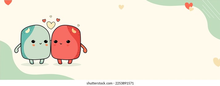 Cute Mascot Cube Couple Character With Hearts On Green And Beige Fluid Background And Copy Space. Love Or Valentine Concept.