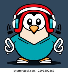 Cute mascot design for a penguin wearing a headset, flat cartoon design in a cool animal style.