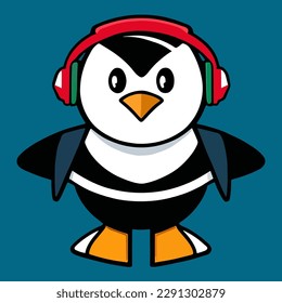 Cute mascot design for a penguin wearing a headset, flat cartoon design in a cool animal style.