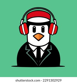 Cute mascot design for a penguin wearing a headset, flat cartoon design in a cool animal style.