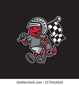 Cute mascot devil holding flag racing premium vector The Concept of Isolated Technology. Flat Cartoon Style Suitable for Landing Web Pages, Banners, Flyers, Stickers, Cards