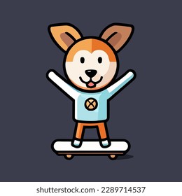 Cute mascot for a dog playing skateboard with a happy expression, flat cartoon design for animal games. Suitable for landing page, cards, books design