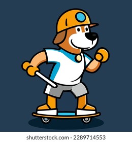 Cute mascot for a dog playing skateboard with a happy expression, flat cartoon design for animal games. Suitable for landing page, cards, books design