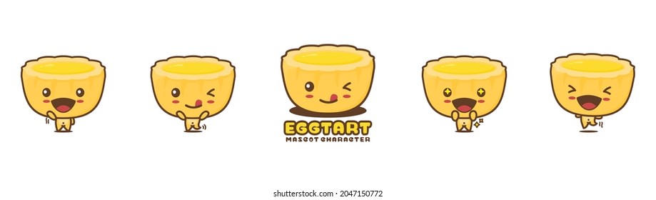 cute mascot egg tart, food cartoon illustration, with different facial expressions and poses, isolated on white background