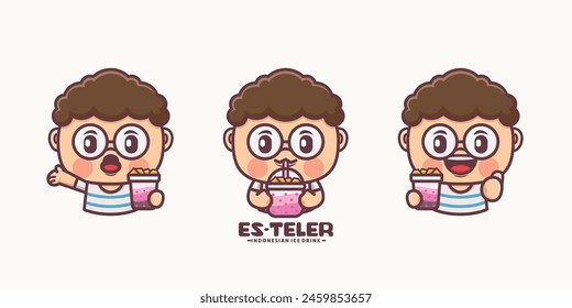 cute mascot with es teler indonesian traditional drink, vector cartoon design, suitable for culinary identity.