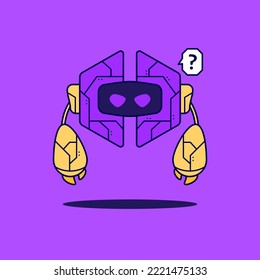 Cute mascot flying purple robot with question mark cartoon icon illustration. Flat cartoon design. Suitable for web, landing page, icons, ads, template and poster.