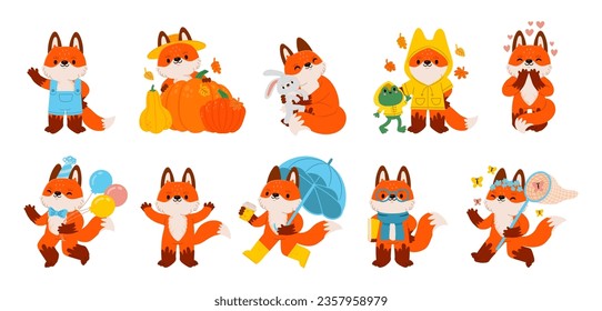 zorro de mascota. Caricatura de zorros rojos. Pequeño animal divertido y feliz que camina al caer. Mamífero forestal emocional de Foxy con calabazas y amigos. Pegatinas del otoño. Conjunto de vectores. Por con globos, libro