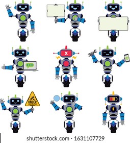 A cute mascot grey robot with different poses collection 01. Flat design style.